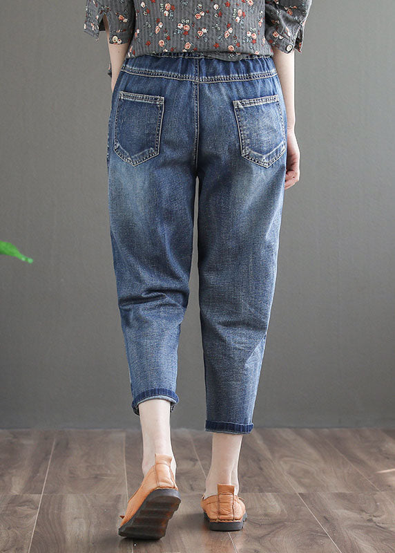 Chic Denim Blue Elastic Waist Embroideried Cotton Crop Pants Spring