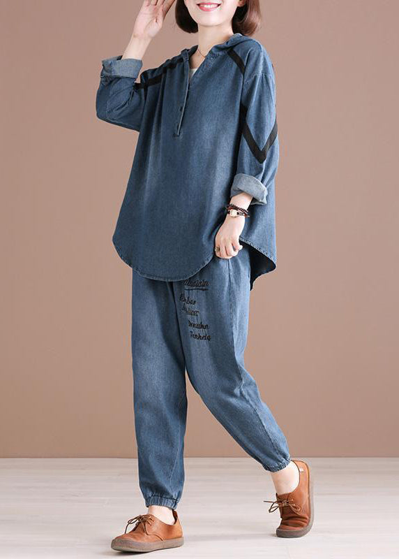 Chic Denim Blue Embroideried Hooded Top And Pants Two Pieces Set Fall