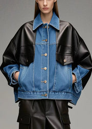 Chic Denim Blue Oversized Patchwork Faux Leather Jackets Fall