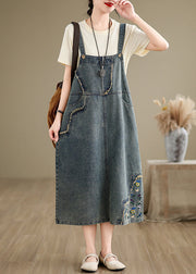 Chic Denim Grey Embroidered Patchwork Spaghetti Strap Dress Sleeveless