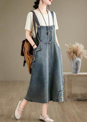 Chic Denim Grey Embroidered Patchwork Spaghetti Strap Dress Sleeveless