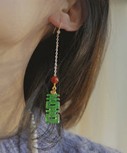 Chic Dry Green Agate Sterling Silver Tassel Drop Earrings