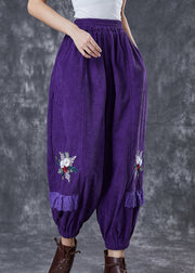 Chic Dull Purple Embroidered Patchwork Corduroy Pants Fall