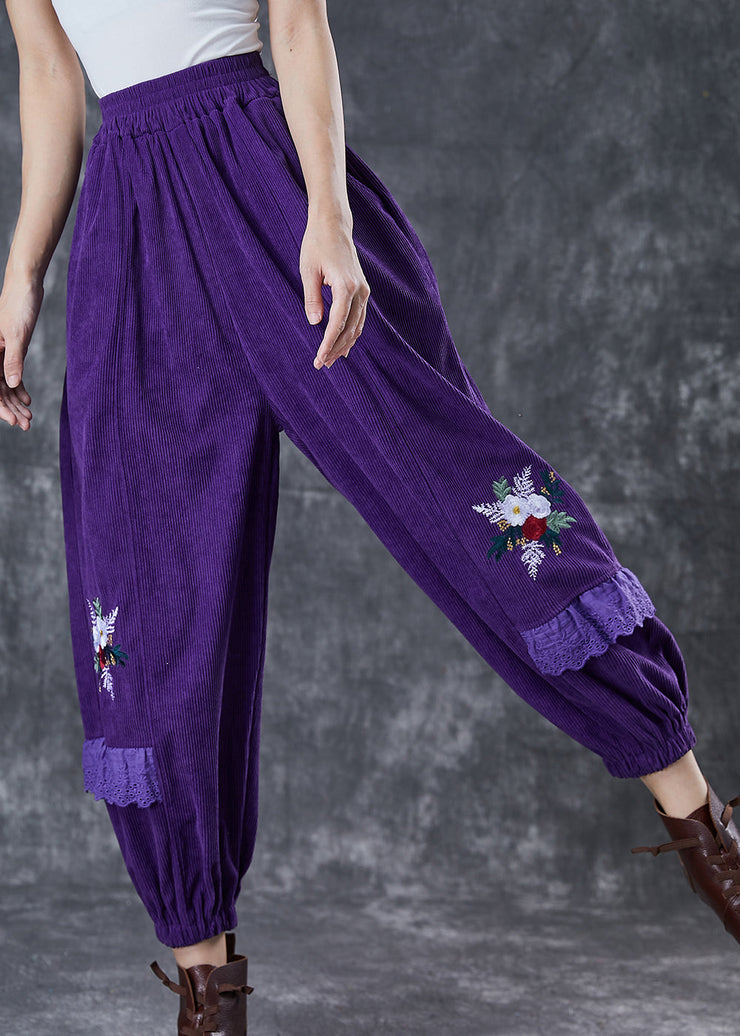 Chic Dull Purple Embroidered Patchwork Corduroy Pants Fall