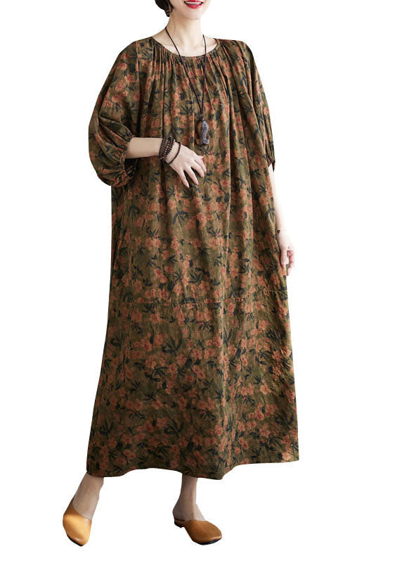 Chic Floral O Neck Wrinkled Patchwork Cotton Long Dresses Lantern Sleeve