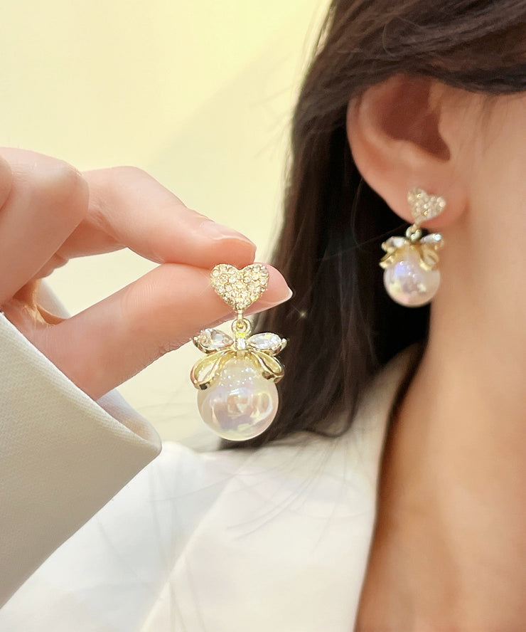 Chic Gold Alloy Zircon Pearl Bow Love Drop Earrings