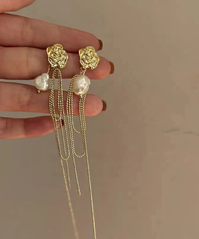 Chic Gold Overgild Pearl Long Tassel Drop Earrings