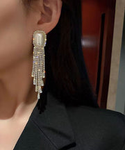 Chic Gold Sterling Silver Alloy Zircon Pearl Tassel Drop Earrings