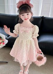 Chic Gradient Pink Ruffled Patchwork Cotton Kids Girls Dresses Summer