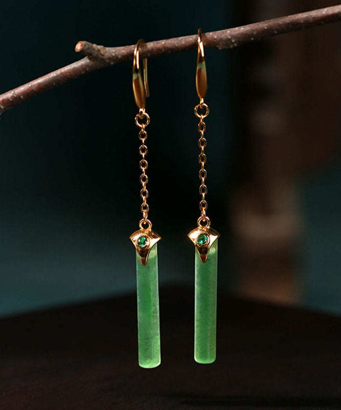 Chic Green Ancient Gold Jade Rectangle Drop Earrings