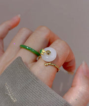 Chic Green And White Jade Bamboo Joint Ping Buckle Rings Two Piece Set