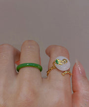 Chic Green And White Jade Bamboo Joint Ping Buckle Rings Two Piece Set