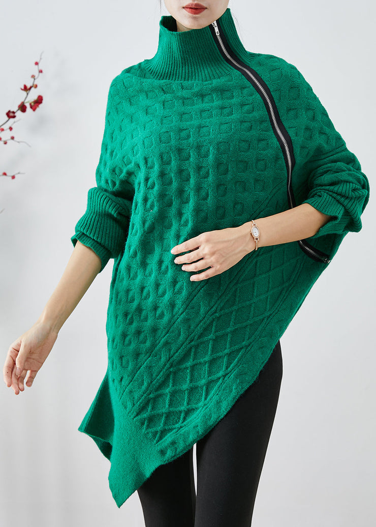 Chic Green Asymmetrical Zippered Knit Short Sweater Fall