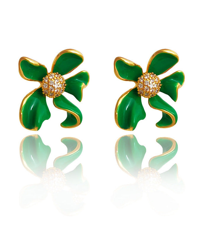 Chic Green Copper Gem Oil Drip Asymmetrical Floral Stud Earrings