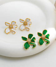 Chic Green Copper Gem Oil Drip Asymmetrical Floral Stud Earrings