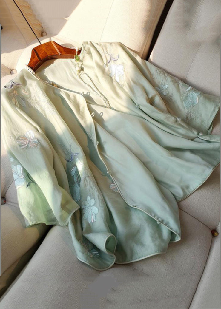 Chic Green Embroidered Side Open Linen Shirt Bracelet Sleeve