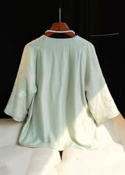 Chic Green Embroidered Side Open Linen Shirt Bracelet Sleeve