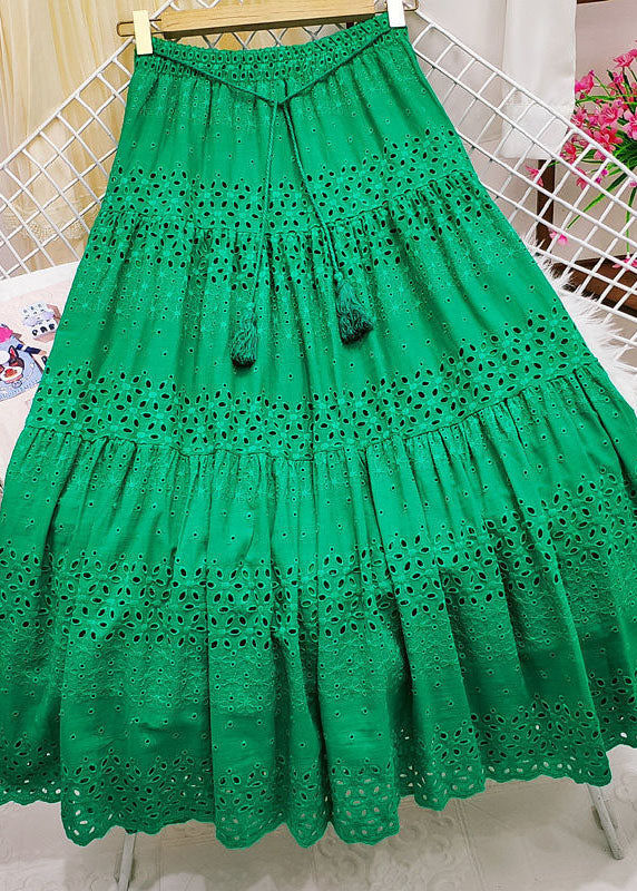 Chic Green Embroideried Tasseled Hollow Out Cotton Skirt Summer