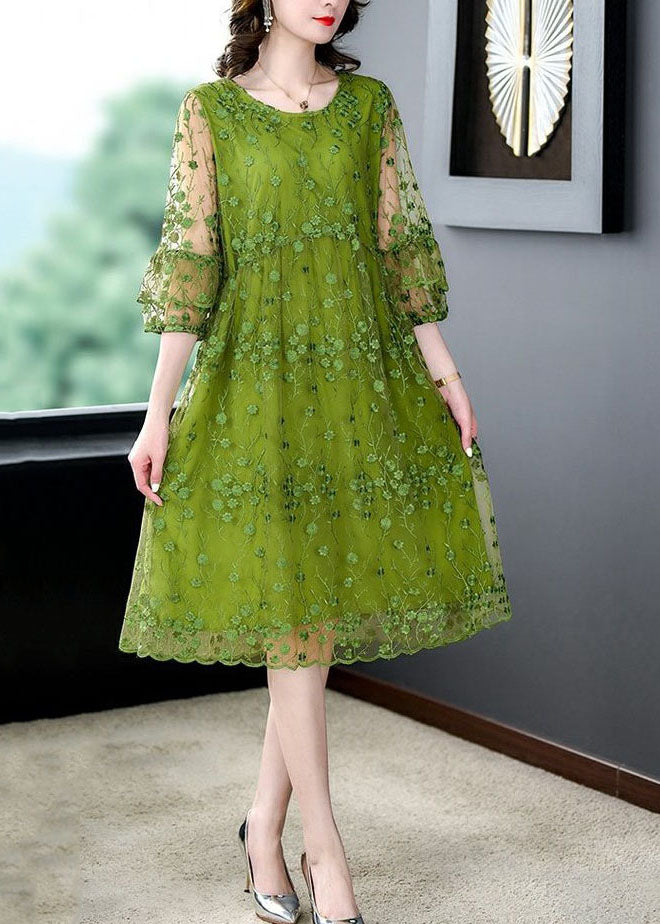 Chic Green O Neck Embroideried Patchwork Tulle Mid Dress Summer