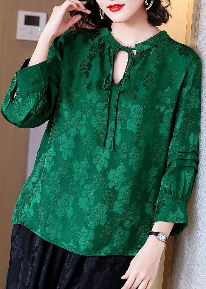 Chic Green O-Neck Lace Up Wrinkled Jacquard Silk Blouses Long Sleeve