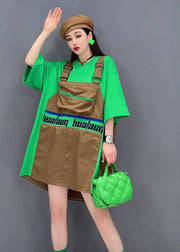 Chic Green O-Neck Patchwork Cotton Fake Two Piece Strap Dress Short Sleeve