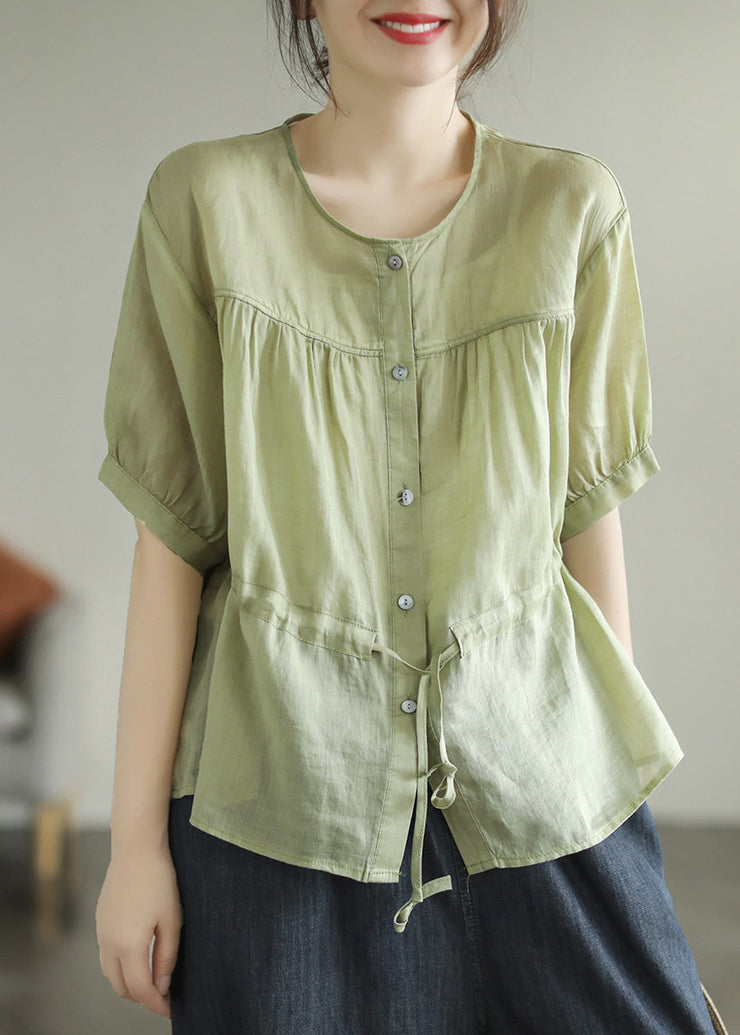 Chic Green O-Neck Patchwork Wrinkled Tie Waist Solid Ramie Shirt Short Sleeve