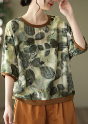 Chic Green O-Neck Print Patchwork Linen Top Half Sleeve