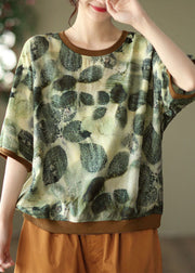 Chic Green O-Neck Print Patchwork Linen Top Half Sleeve