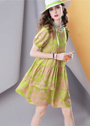 Chic Green O Neck Wrinkled Patchwork Print Silk Dress Summer