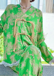 Chic Green Oriental Button Lace Patchwork Ice Silk Pajamas Two Pieces Set Spring