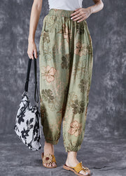 Chic Green Oversized Pockets Print Cotton Harem Pants Summer