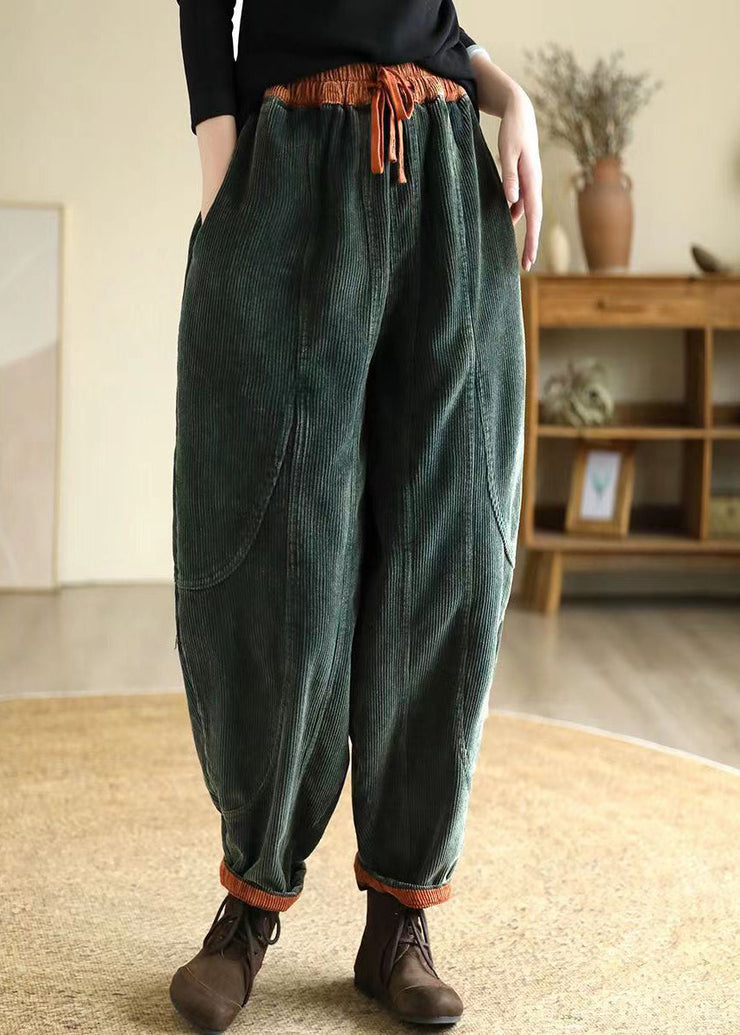 Chic Green Oversized Pockets Warm Fleece Corduroy Harem Pants Winter