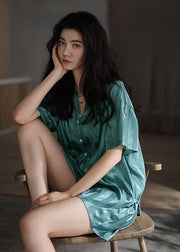 Chic Green Peter Pan Collar Button Ice Silk Pajamas Two Piece Set Short Sleeve