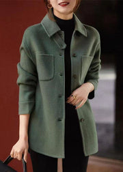 Chic Green Peter Pan Collar Button Pockets Patchwork Woolen Coats Fall