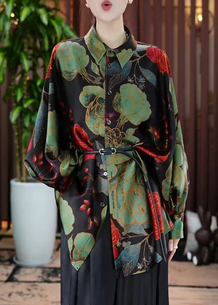 Chic Green Peter Pan Collar Print Button Silk Shirt Fall