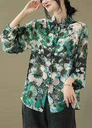 Chic Green Peter Pan Collar Print Cotton Shirt Tops Fall