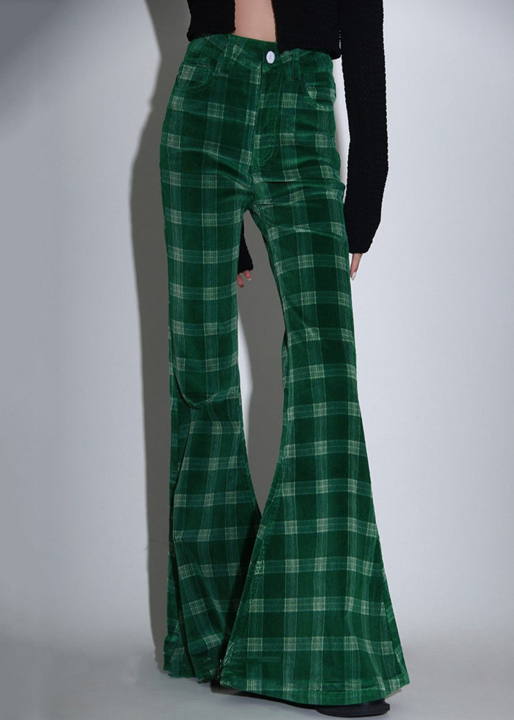 Chic Green Plaid Pockets Corduroy Flare Bottoms Spring