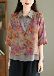 Chic Green Print False Two Pieces Linen Shirt Half Sleeve