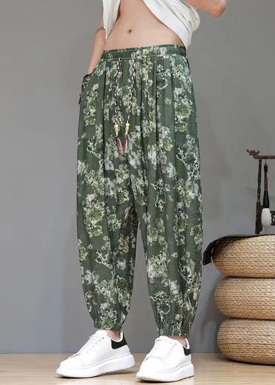 Chic Green Print Pockets Ice Silk Men Crop Pants Summer