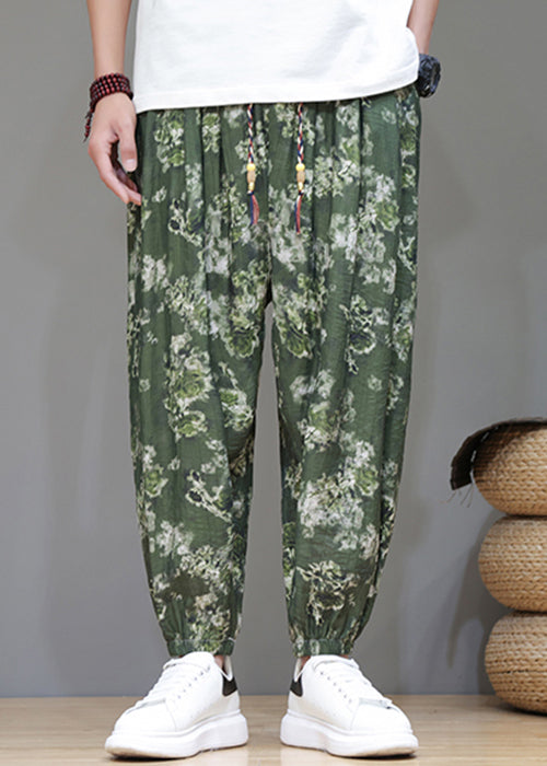 Chic Green Print Pockets Ice Silk Men Crop Pants Summer