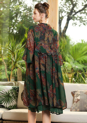 Chic Green Print Ruffled Cross Strap Chiffon Dress Flare Sleeve