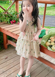 Chic Green Print Ruffled Patchwork Cotton Baby Girls Sundress Sleeveless