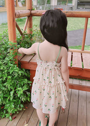 Chic Green Print Ruffled Patchwork Cotton Baby Girls Sundress Sleeveless