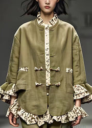 Chic Green Ruffled Button Cotton Coats Butterfly Sleeve