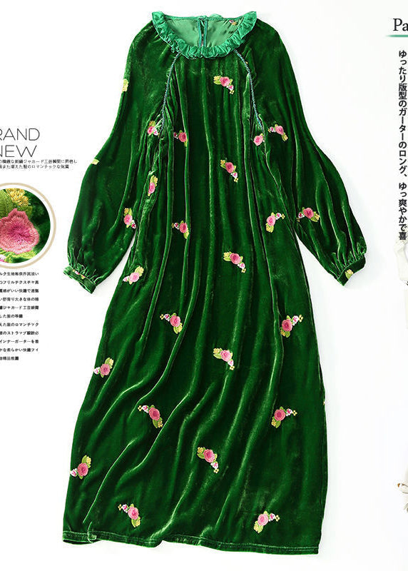 Chic Green Ruffled Embroideried Floral Silk Velour Maxi Dresses Spring