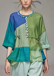 Chic Green Ruffled Patchwork Cotton Shirts Bracelet Sleeve