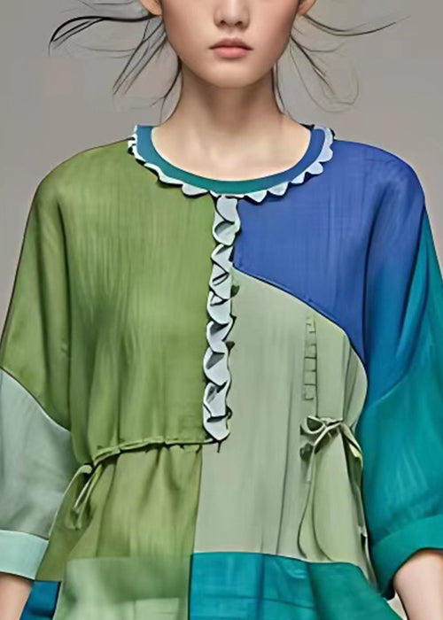 Chic Green Ruffled Patchwork Cotton Shirts Bracelet Sleeve