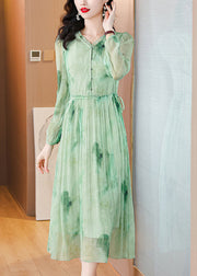 Chic Green Ruffled Print Lace Up Chiffon Dress Summer