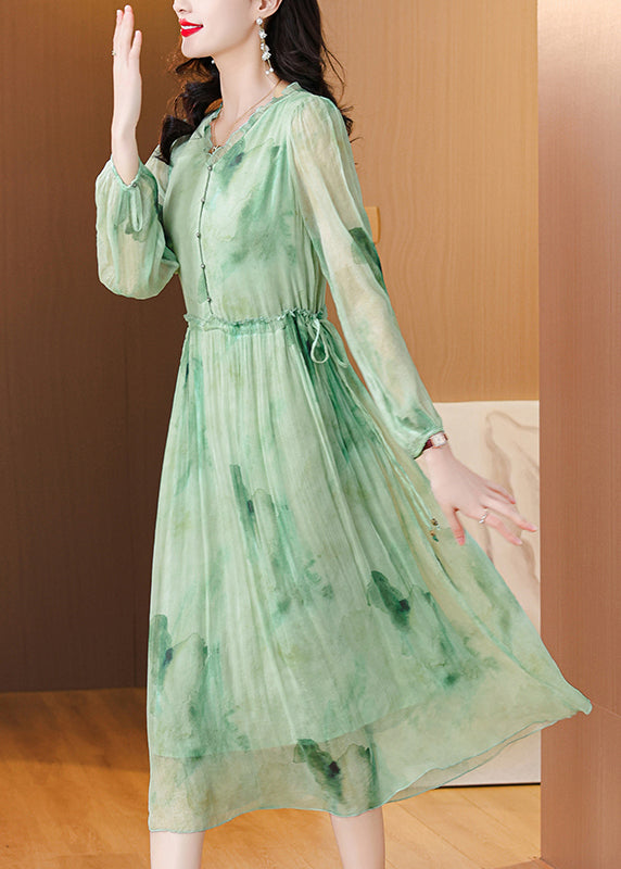 Chic Green Ruffled Print Lace Up Chiffon Dress Summer