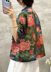 Chic Green Stand Collar Print Linen Shirt Summer